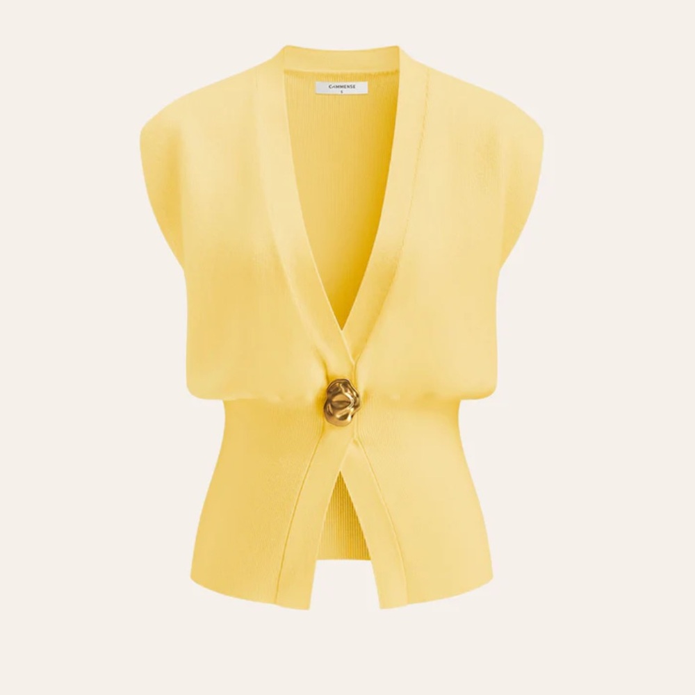 Commense Yellow Sleeveless V-Neck Cardigan with Gold Accent